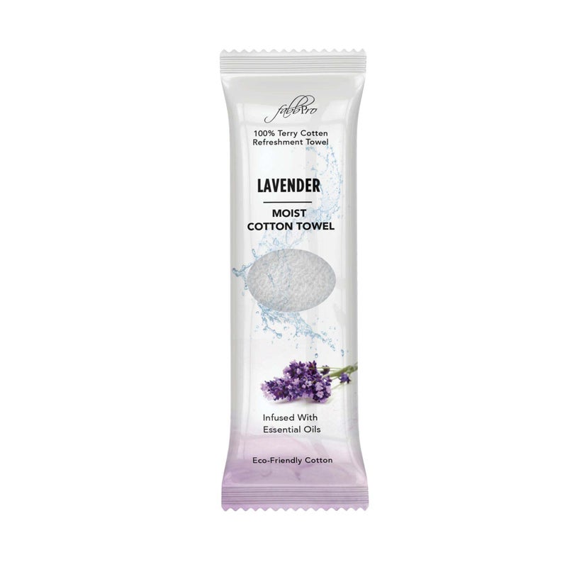 FabbPro Oshibori Moist Terry Cotton Refreshment Towels (25 Pack, 8 x 8 Inches) - White Scented Pre-moistened Essential Oil Infused Towel to Use Hot or Cold - Lavender Scent - Image 1